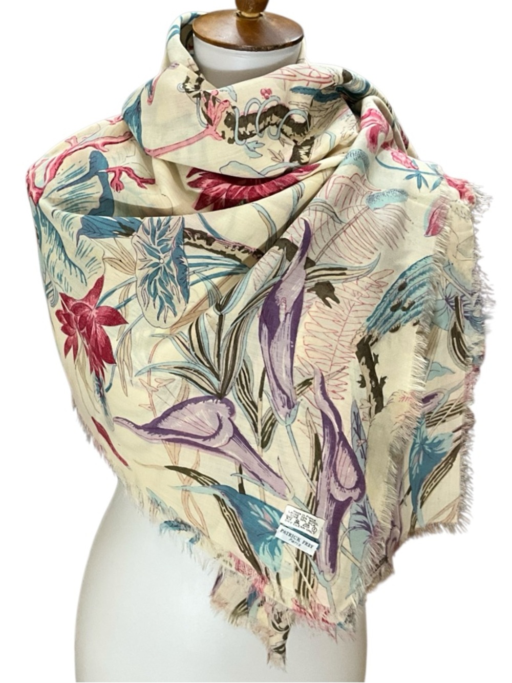 Patrick Frey Paris Wool Silk Scarf Made France Bird Botanical Print Fringe Wrap